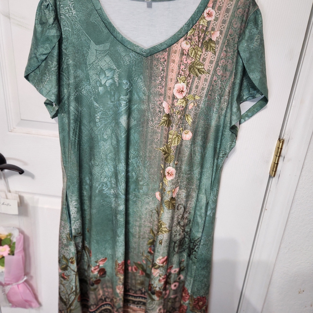 Floral Green and Pink V-Neck Dress